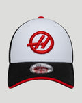 Front view of New Era Haas Team Summer League 9Forty cap with white front panel and black brim.