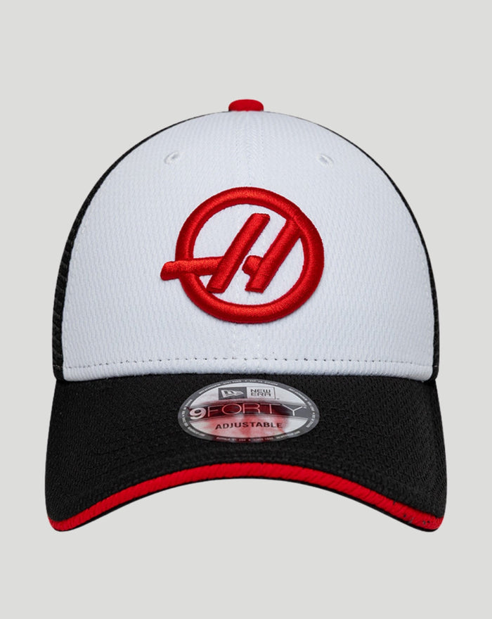 Front view of New Era Haas Team Summer League 9Forty cap with white front panel and black brim.