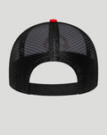 Back view of a black mesh New Era Haas Team 9Forty cap with an adjustable strap and a red top button.