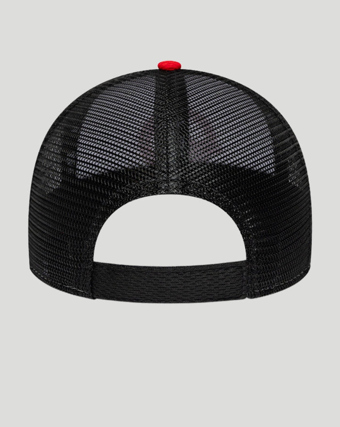 Back view of a black mesh New Era Haas Team 9Forty cap with an adjustable strap and a red top button.