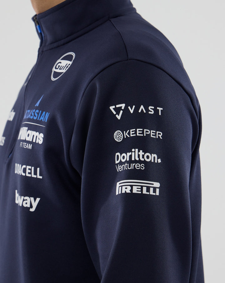 Side view of navy Williams Racing jacket sleeve with sponsor logos including Vast Keeper Dorilton and Pirelli.