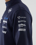 Side view of navy Williams Racing jacket sleeve with sponsor logos including Vast Keeper Dorilton and Pirelli.