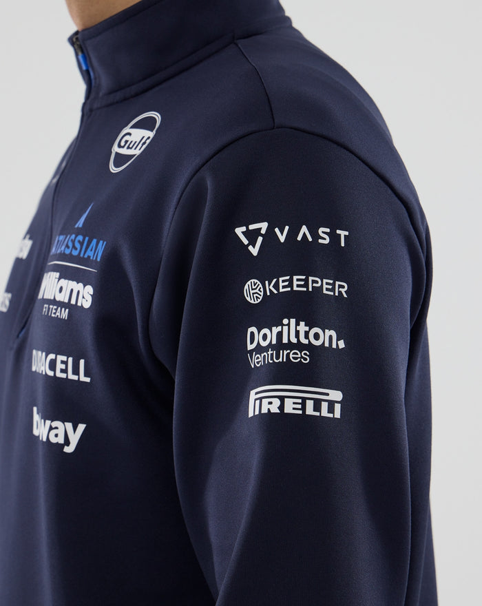 Side view of navy Williams Racing jacket sleeve with sponsor logos including Vast Keeper Dorilton and Pirelli.