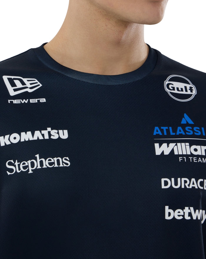 Navy Williams F1 Team T-shirt with New Era logo on left chest and Gulf emblem on right chest.