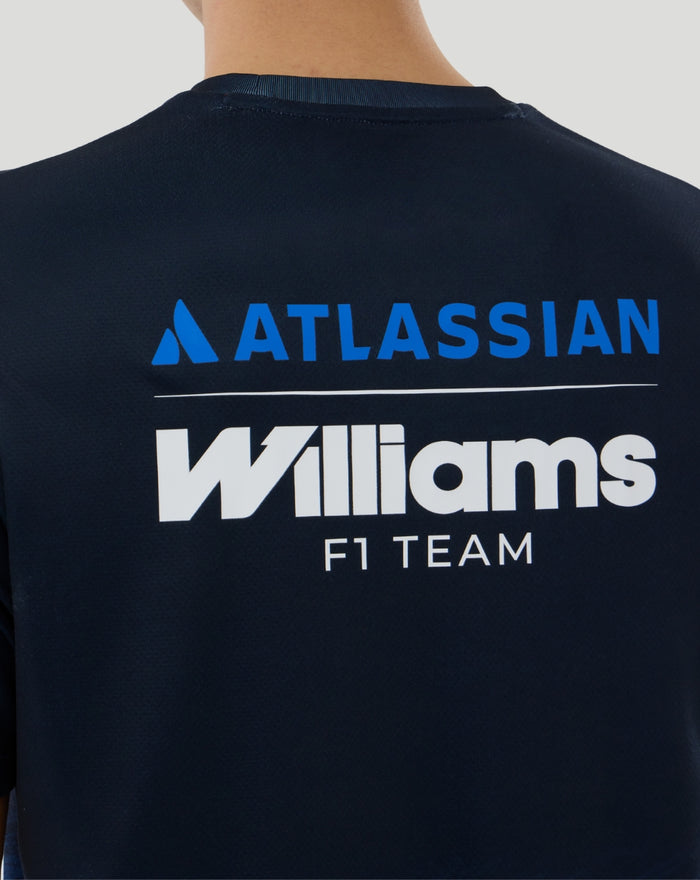 Back view of navy Williams F1 Team T-shirt featuring large Atlassian Williams branding across the upper back.