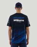 Back view of navy Williams Racing 2026 F1 men's T shirt showing a large Williams F1 Team logo on the back with Atlassian branding above