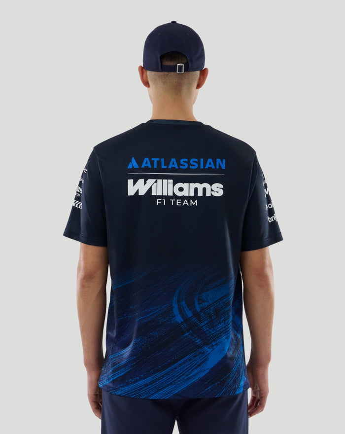 Back view of navy Williams Racing 2026 F1 men's T shirt showing a large Williams F1 Team logo on the back with Atlassian branding above