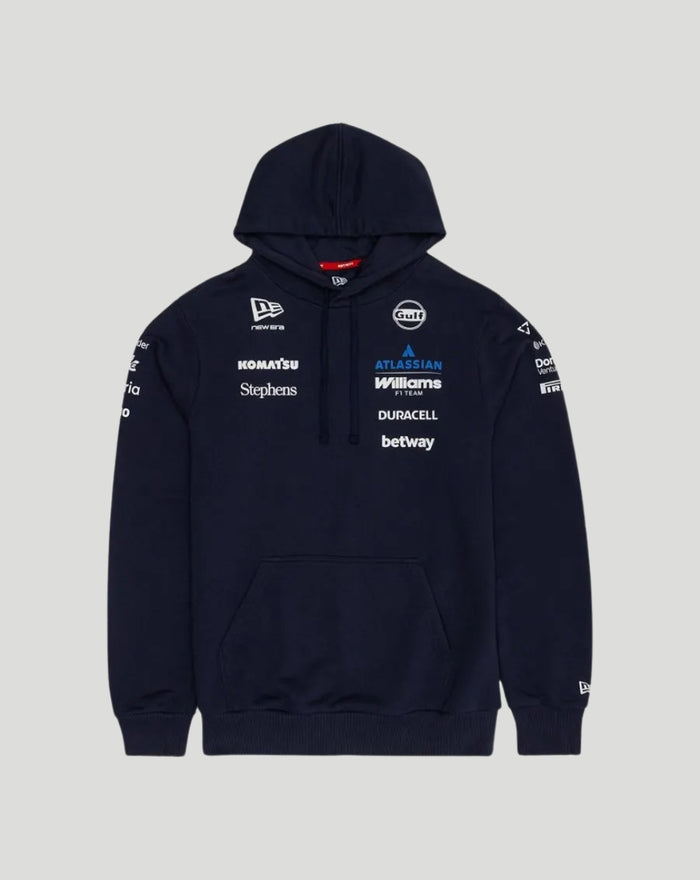 Man wearing navy Williams Racing hoodie with matching cap displaying team logos and sponsor names on chest and sleeves