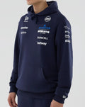 Close up of navy Williams Racing hoodie highlighting Atlassian Williams F1 Team logo on chest and sponsor logos