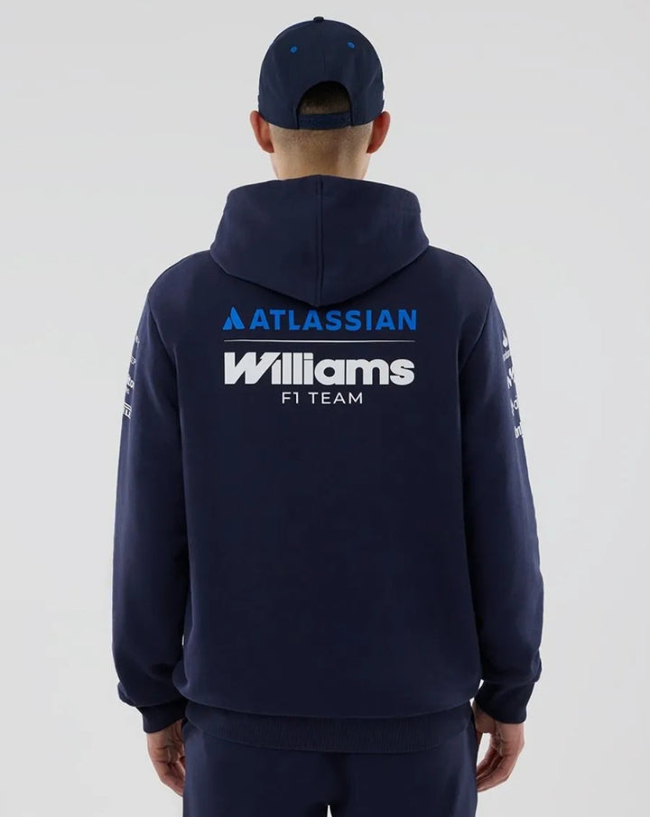 Back view of navy Williams Racing 2026 F1 hoodie with large Atlassian Williams branding across the back