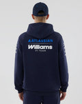 Back view of navy Williams Racing 2026 F1 hoodie with large Atlassian Williams branding across the back