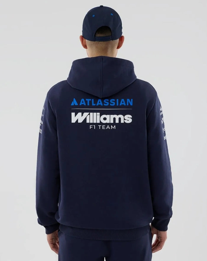 Back view of navy Williams Racing 2026 F1 hoodie with large Atlassian Williams branding across the back