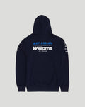 Rear view of navy Williams Racing hoodie featuring large Williams F1 Team logo across the back and sleeve branding