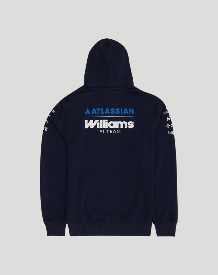 Rear view of navy Williams Racing hoodie featuring large Williams F1 Team logo across the back and sleeve branding