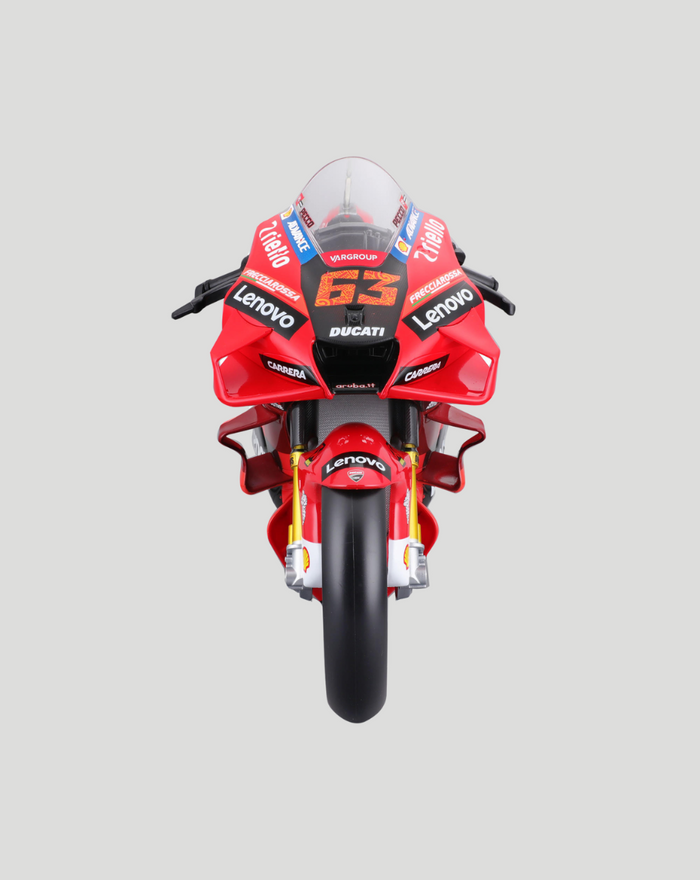 Maisto 2022 Ducati race bike model in red with number 63 and Lenovo branding, front view