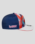 Blue Alpine 9Seventy cap with colorful geometric side panels white brim with red edge and BWT embroidery on back