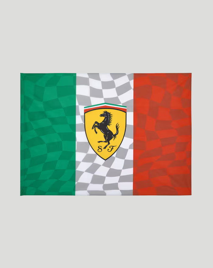 Ferrari flag with green white red vertical stripes and central yellow shield logo
