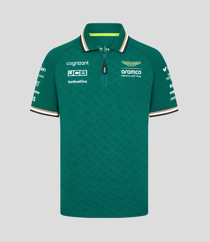 Front view of green Aston Martin F1 Team Polo with striped collar; chest shows aramco and Cognizant logos