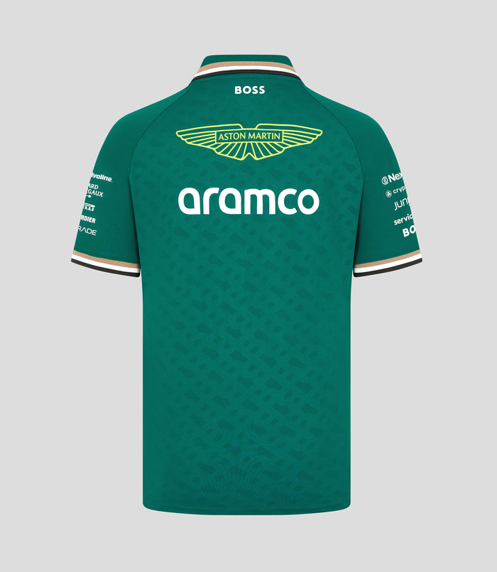 Front view of green Aston Martin F1 Team Polo with wing crest and aramco logo across the chest