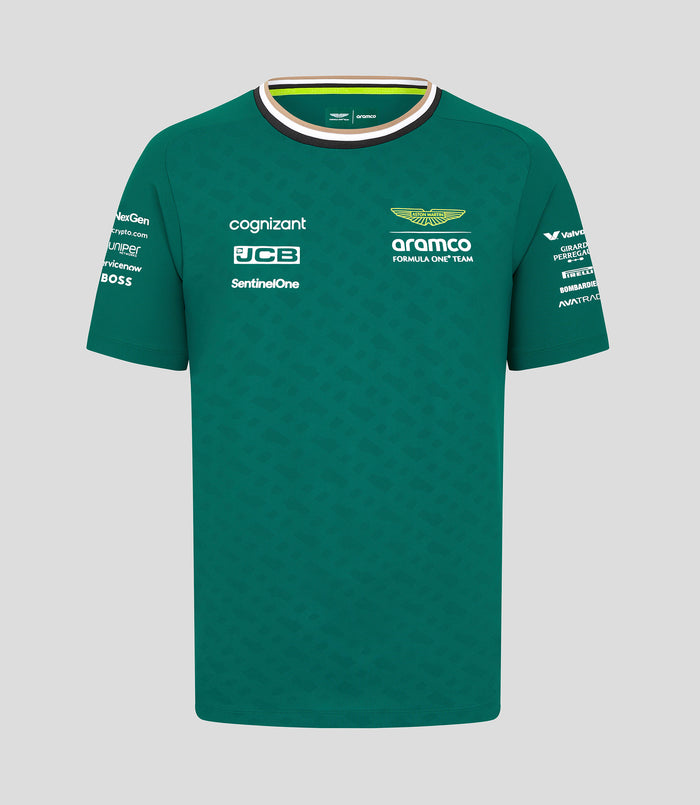 Green Aston Martin F1 team T shirt with sponsor logos across the chest