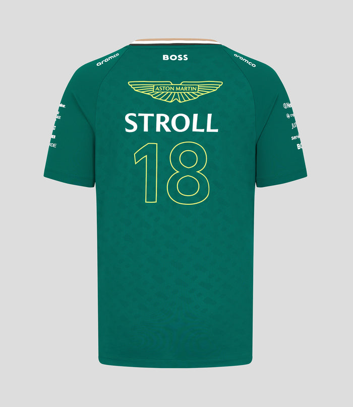 Back view of green Aston Martin F1 Stroll T shirt with white STROLL lettering and the yellow wing logo and large 18
