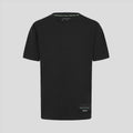 Back view of a black unisex T shirt with small white text along the neckline.