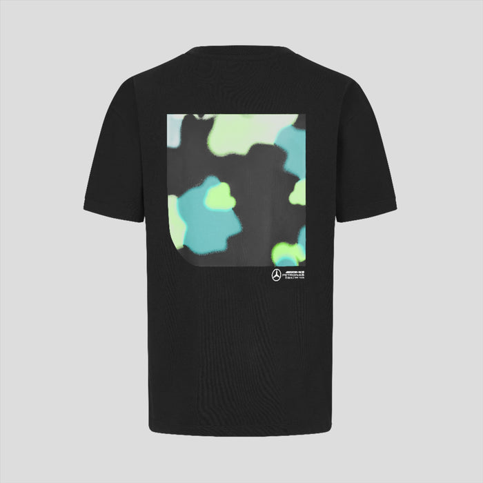 Black unisex T shirt with a large spray camo graphic on the front and a small Mercedes AMG Petronas logo near the hem.