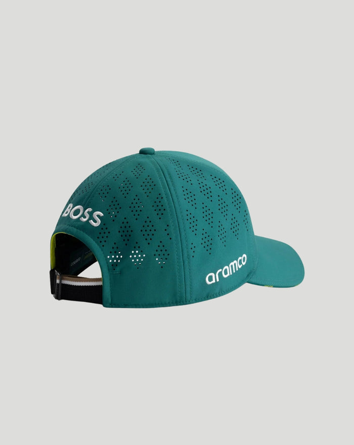 Back view of a teal team cap with perforated panels and white Aramco branding