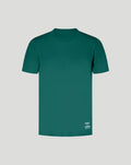 Front view of a solid Aston Martin green T-shirt with small logos near the hem.