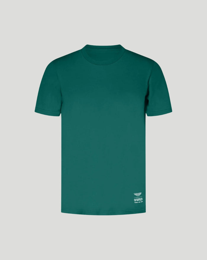 Front view of a solid Aston Martin green T-shirt with small logos near the hem.