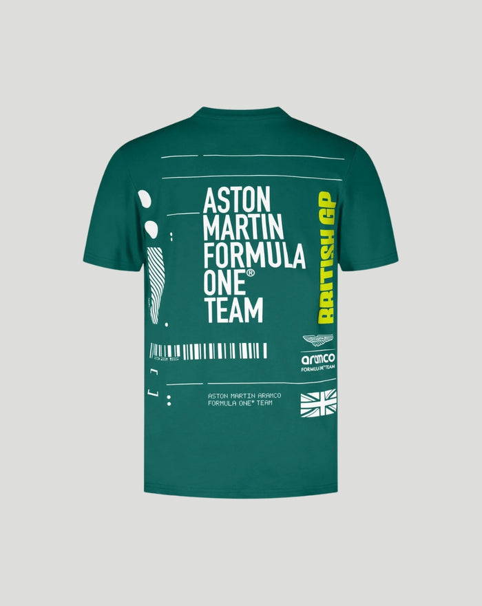 Aston Martin green T-shirt with bold white back print reading ASTON MARTIN FORMULA ONE TEAM and graphic lines.