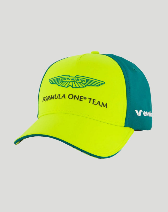 Neon yellow Aston Martin Formula One Team cap with teal side panels and winged logo