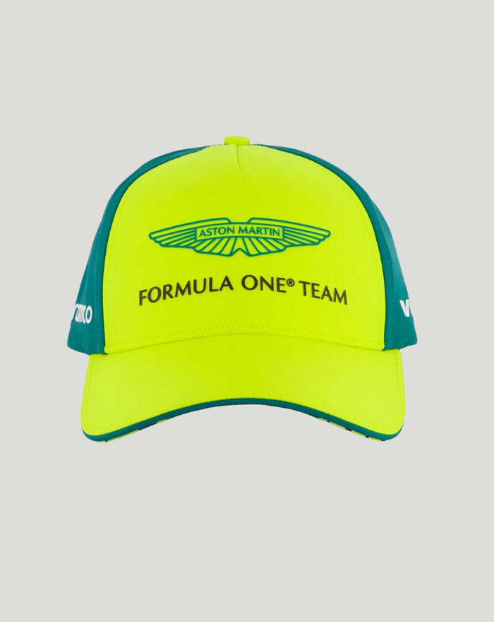 Front view of neon yellow Aston Martin Formula One Team cap with teal side panels