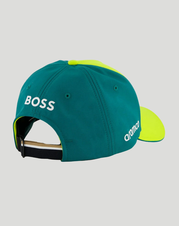 Back view of teal cap with neon brim and sponsor branding along the side