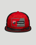 Side view of red Ducati cap with black brim showing Ducati branding on the side panel