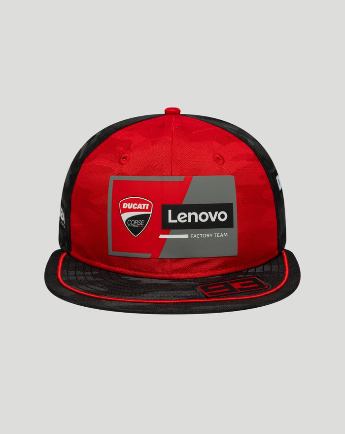 Side view of red Ducati cap with black brim showing Ducati branding on the side panel