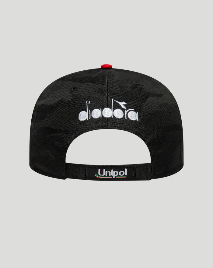 Back view of black camouflage Ducati 9Fifty cap with adjustable strap and Unipol branding on the strap
