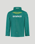 Back view of teal Aston Martin Team Rain Jacket with aramco logo and yellow wing emblem