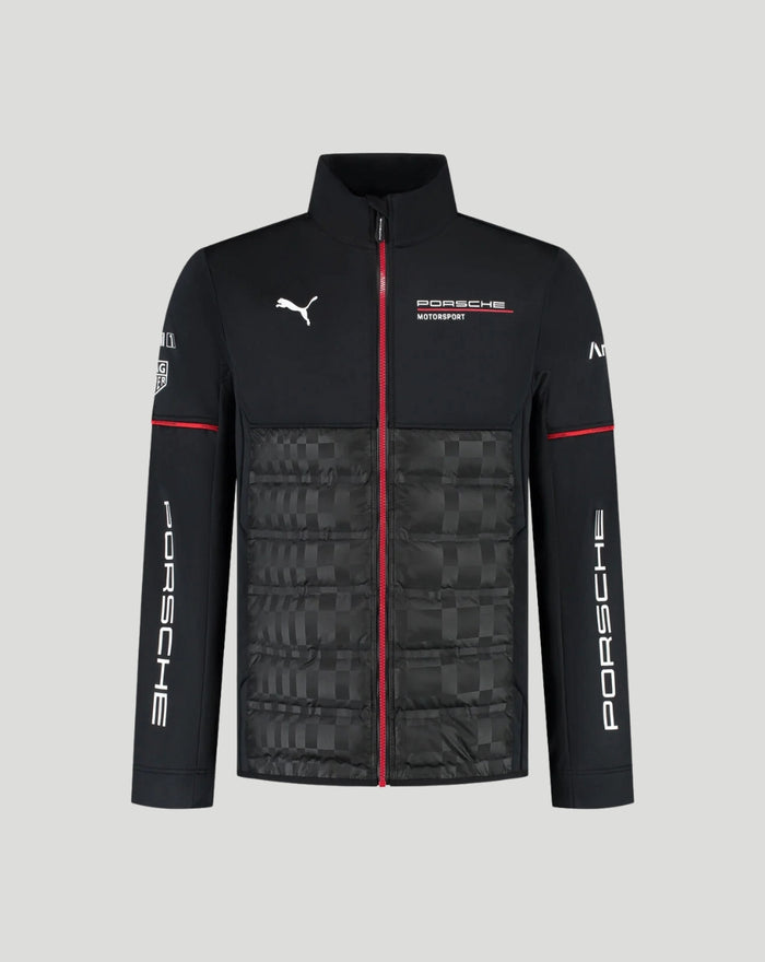 Mens Porsche Motorsport Hybrid Jacket in black with padded front and red zip featuring Porsche and Puma branding.