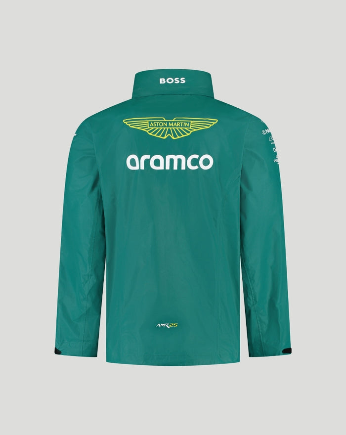 Back view of teal Aston Martin Team Rain Jacket with aramco logo and yellow wing emblem