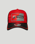 Front view of red Ducati 9Forty cap with black curved brim and a Lenovo patch on the front.