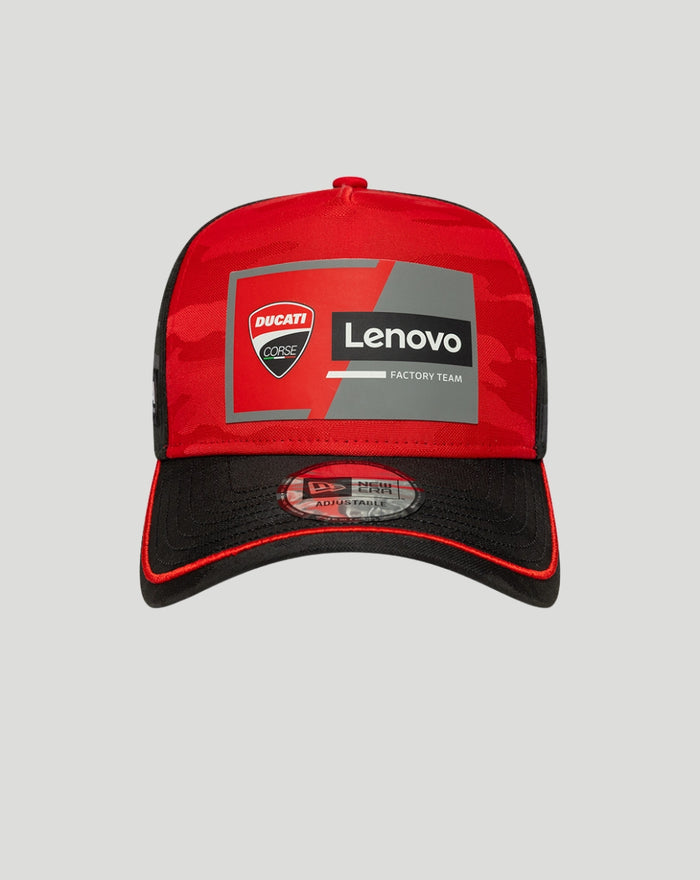 Front view of red Ducati 9Forty cap with black curved brim and a Lenovo patch on the front.