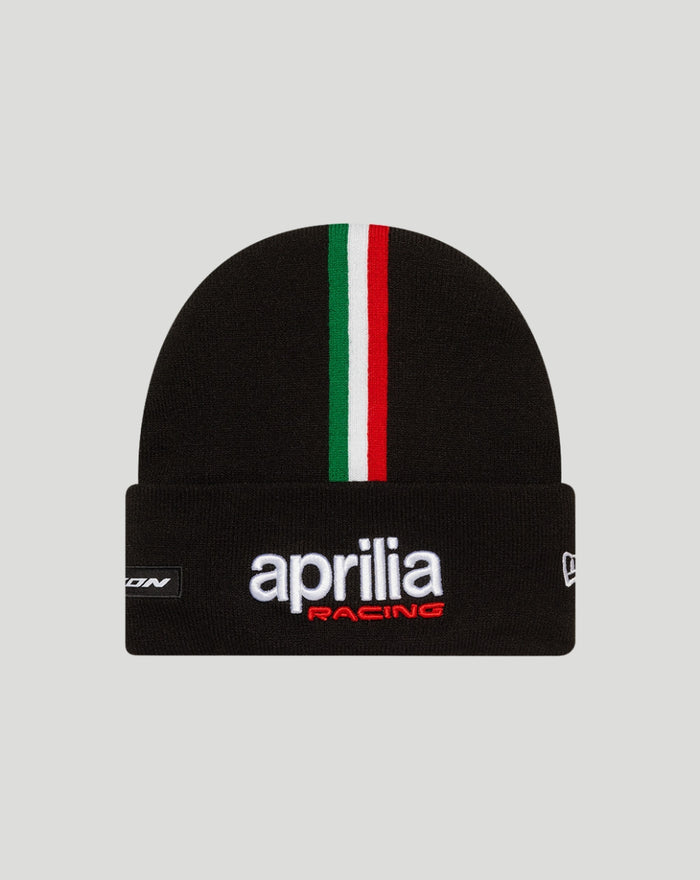 Black knit beanie with folded cuff featuring the aprilia racing logo and Italian flag stripe.