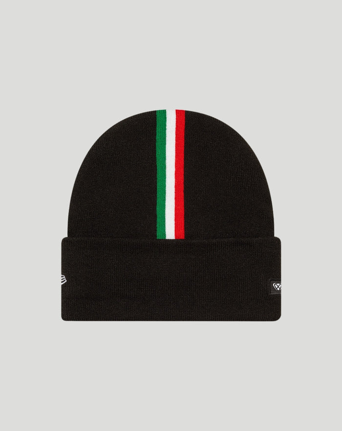 Aprilla Team Wide Cuff Beanie black knit with a green white red vertical stripe and folded cuff