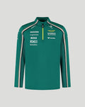 Teal green Mens Aston Martin team 1/4 zip with multiple sponsor logos across the chest