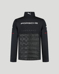 Back view of black Porsche Motorsport Team Hybrid Jacket with a quilted padded panel and Porsche branding