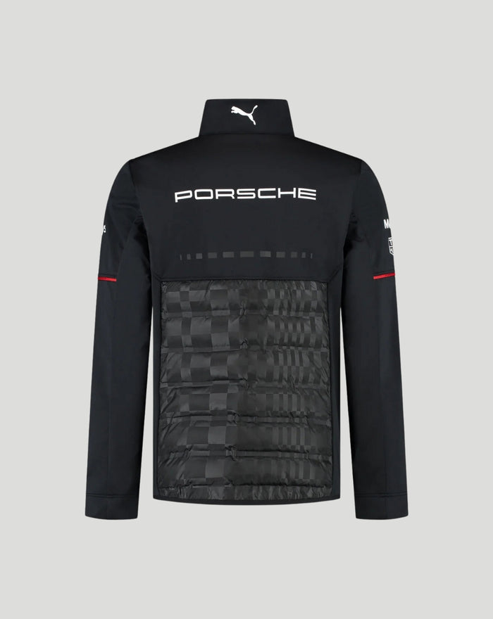 Back view of black Porsche Motorsport Team Hybrid Jacket with a quilted padded panel and Porsche branding