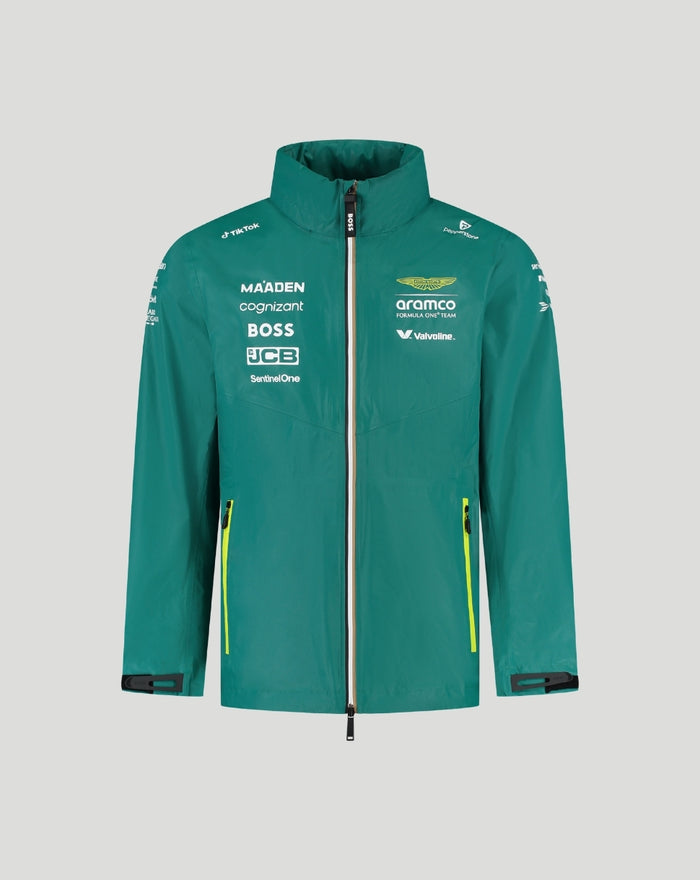 Teal green Aston Martin rain jacket with front zipper and neon yellow pocket zips
