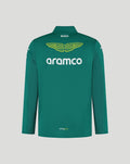 Back view of green Mens Aston Martin Team 1/4 Zip jacket with white aramco logo and yellow wings.