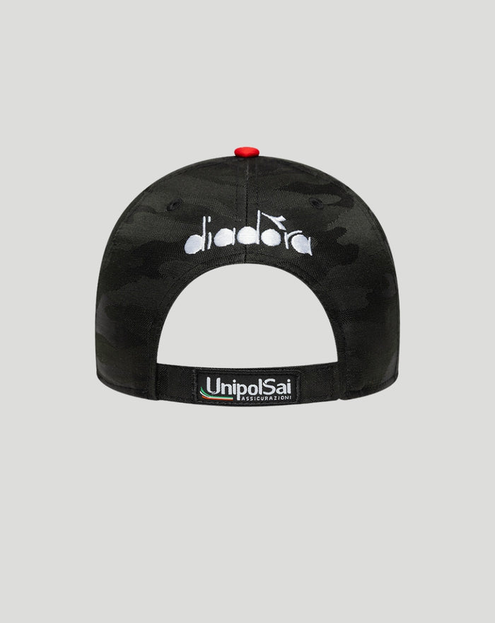 Back view of black camo Ducati cap with white diadora logo and UnipolSai strap.